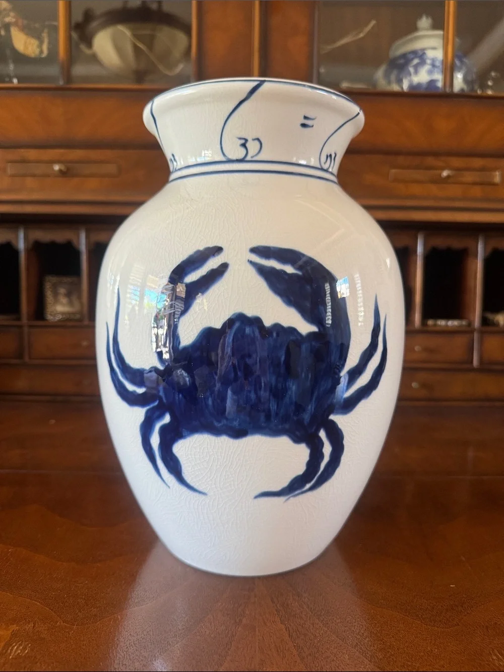 Gorgeous Hand-Painted White Crackle Ceramic Vase with Blue Crab Motif - New!